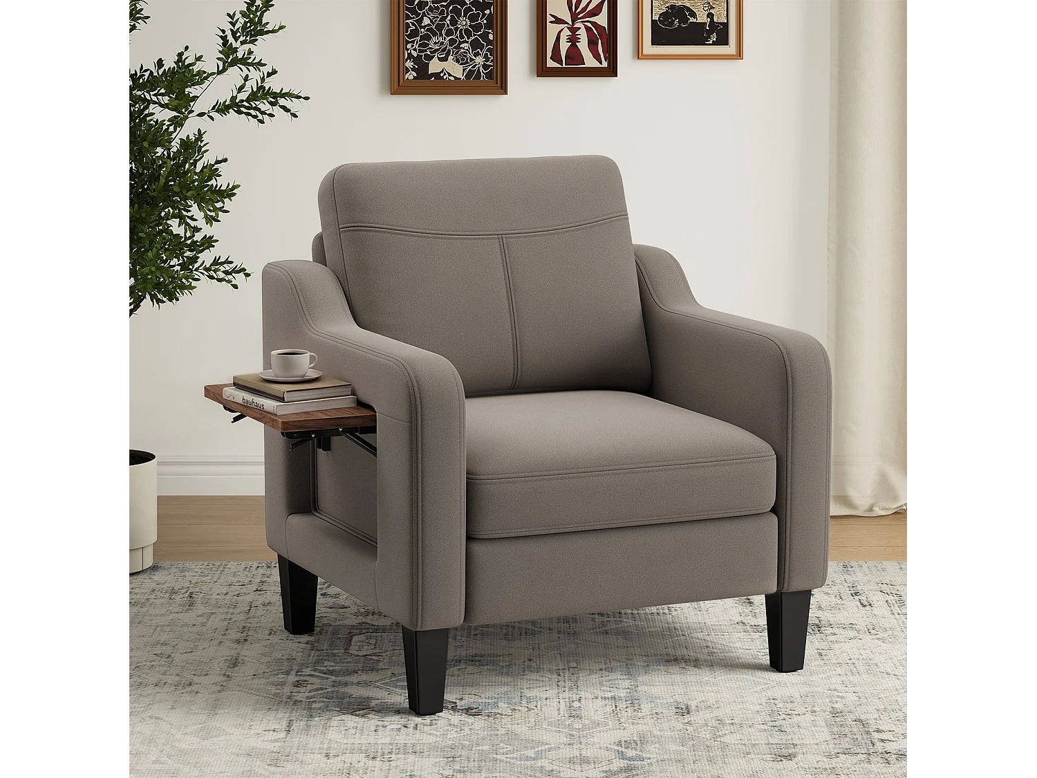 Fotel z tkaniny lnianej z rozkładanym stolikiem i boczną kieszenią, wypełnienie z pianki memory, lekki i łatwy do przenoszenia, brązowy