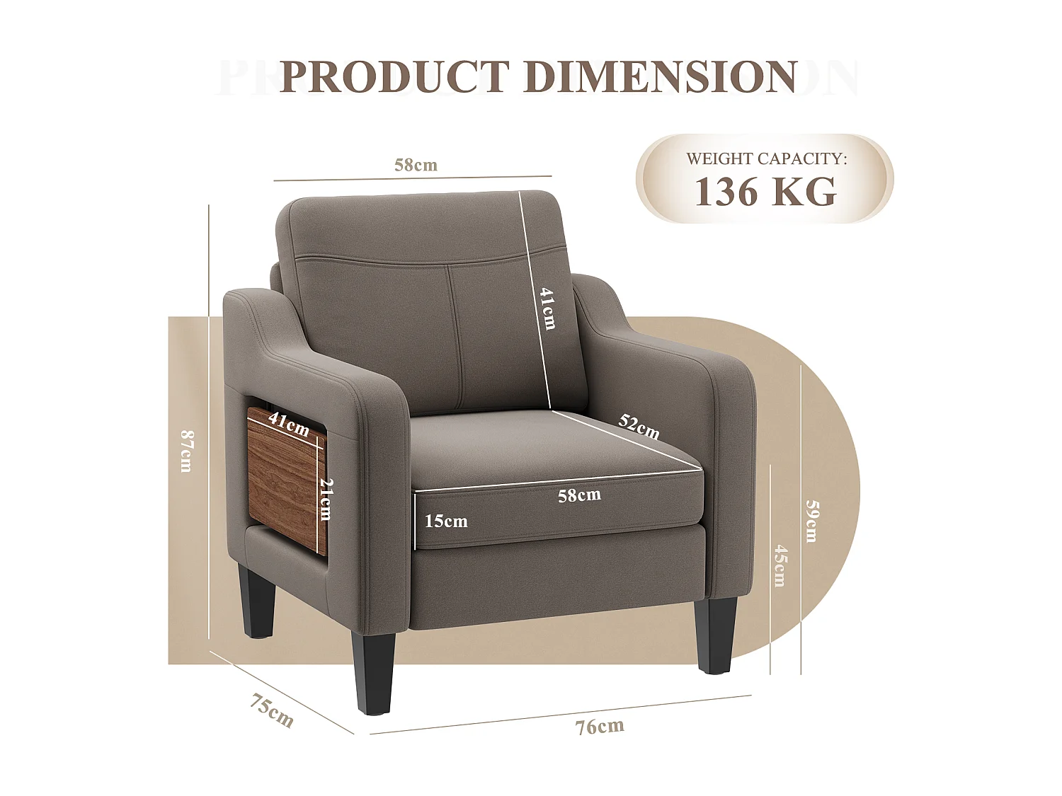 Fotel z tkaniny lnianej z rozkładanym stolikiem i boczną kieszenią, wypełnienie z pianki memory, lekki i łatwy do przenoszenia, brązowy