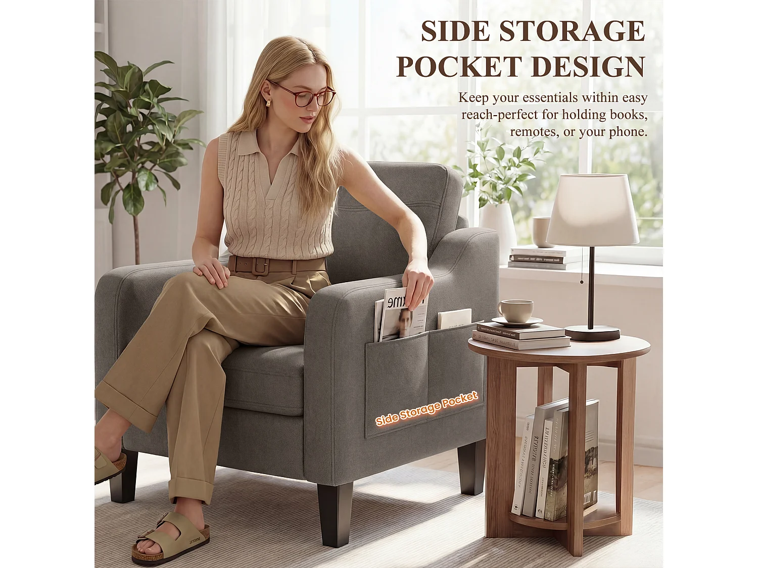 Fotel z tkaniny lnianej z rozkładanym stolikiem i boczną kieszenią, wypełnienie z pianki memory, lekki i łatwy do przenoszenia, brązowy