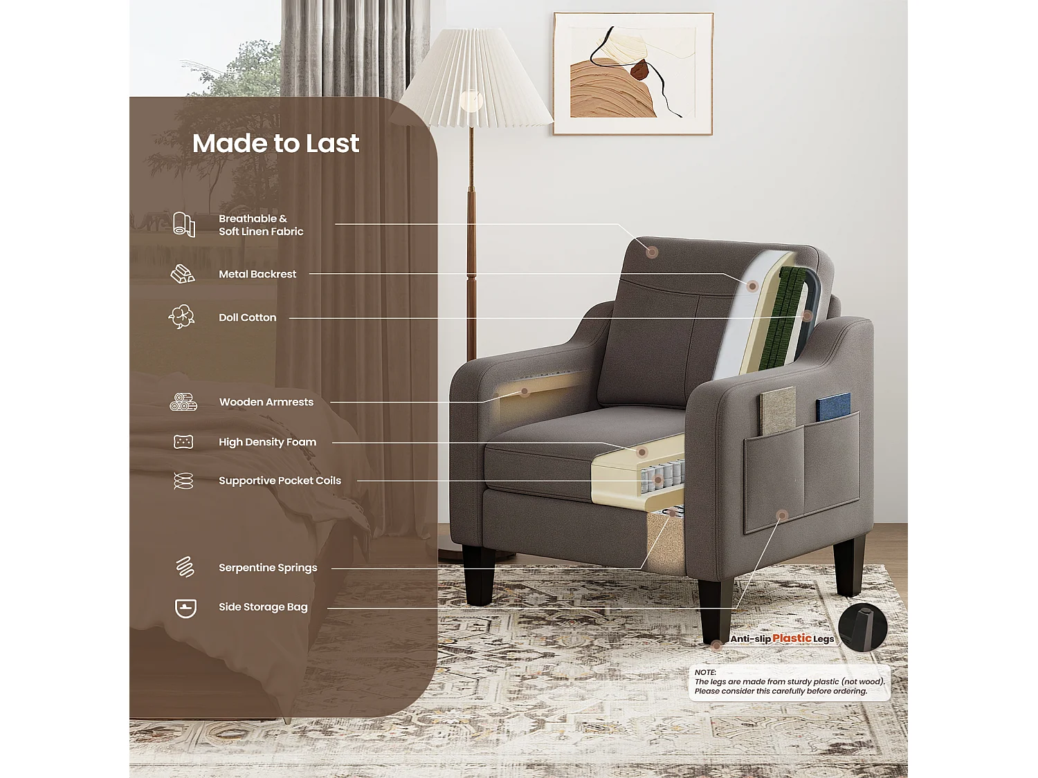 Fotel z tkaniny lnianej z rozkładanym stolikiem i boczną kieszenią, wypełnienie z pianki memory, lekki i łatwy do przenoszenia, brązowy