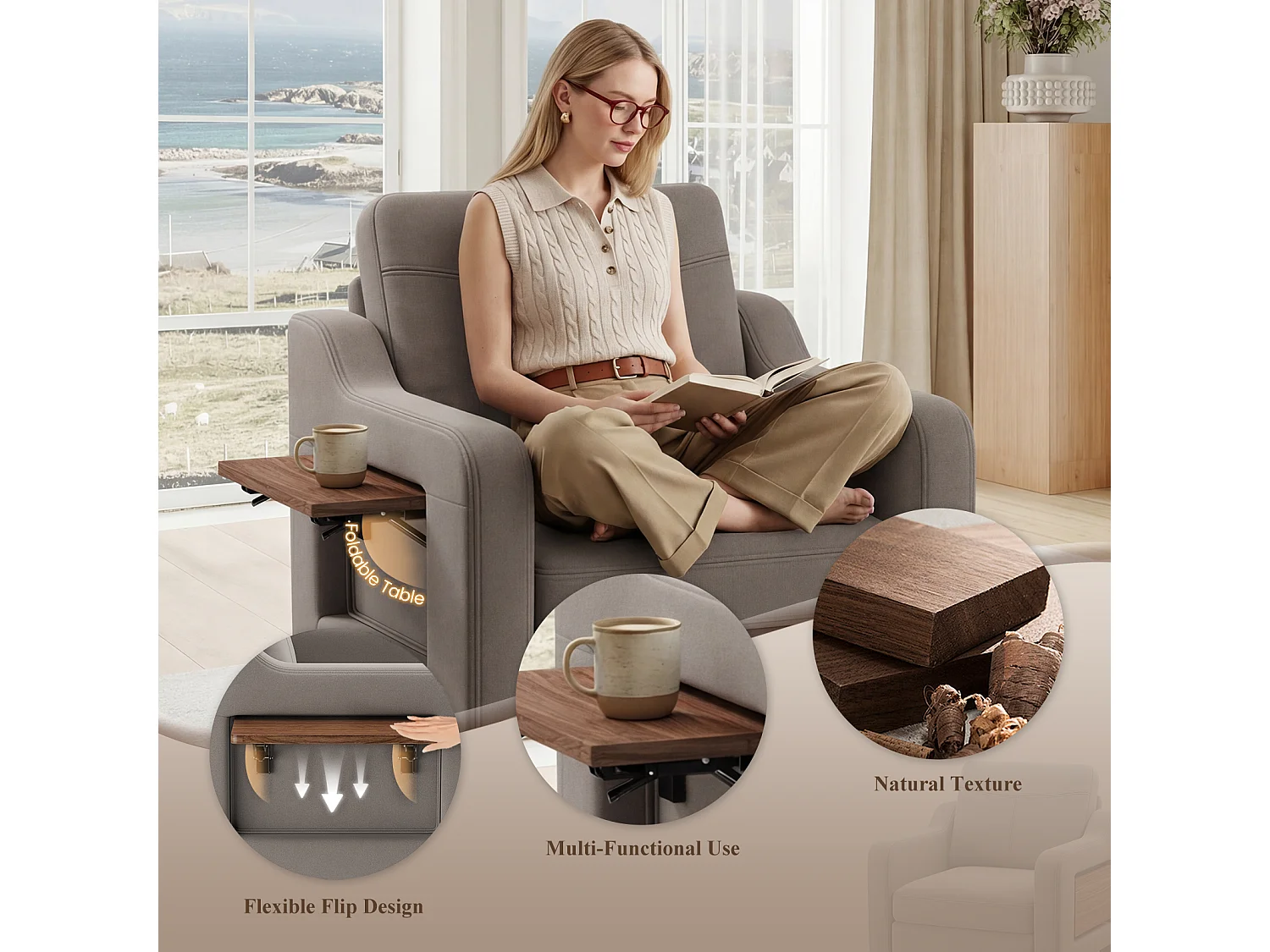 Fotel z tkaniny lnianej z rozkładanym stolikiem i boczną kieszenią, wypełnienie z pianki memory, lekki i łatwy do przenoszenia, brązowy