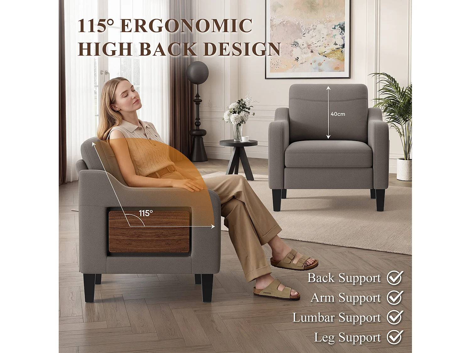 Fotel z tkaniny lnianej z rozkładanym stolikiem i boczną kieszenią, wypełnienie z pianki memory, lekki i łatwy do przenoszenia, brązowy