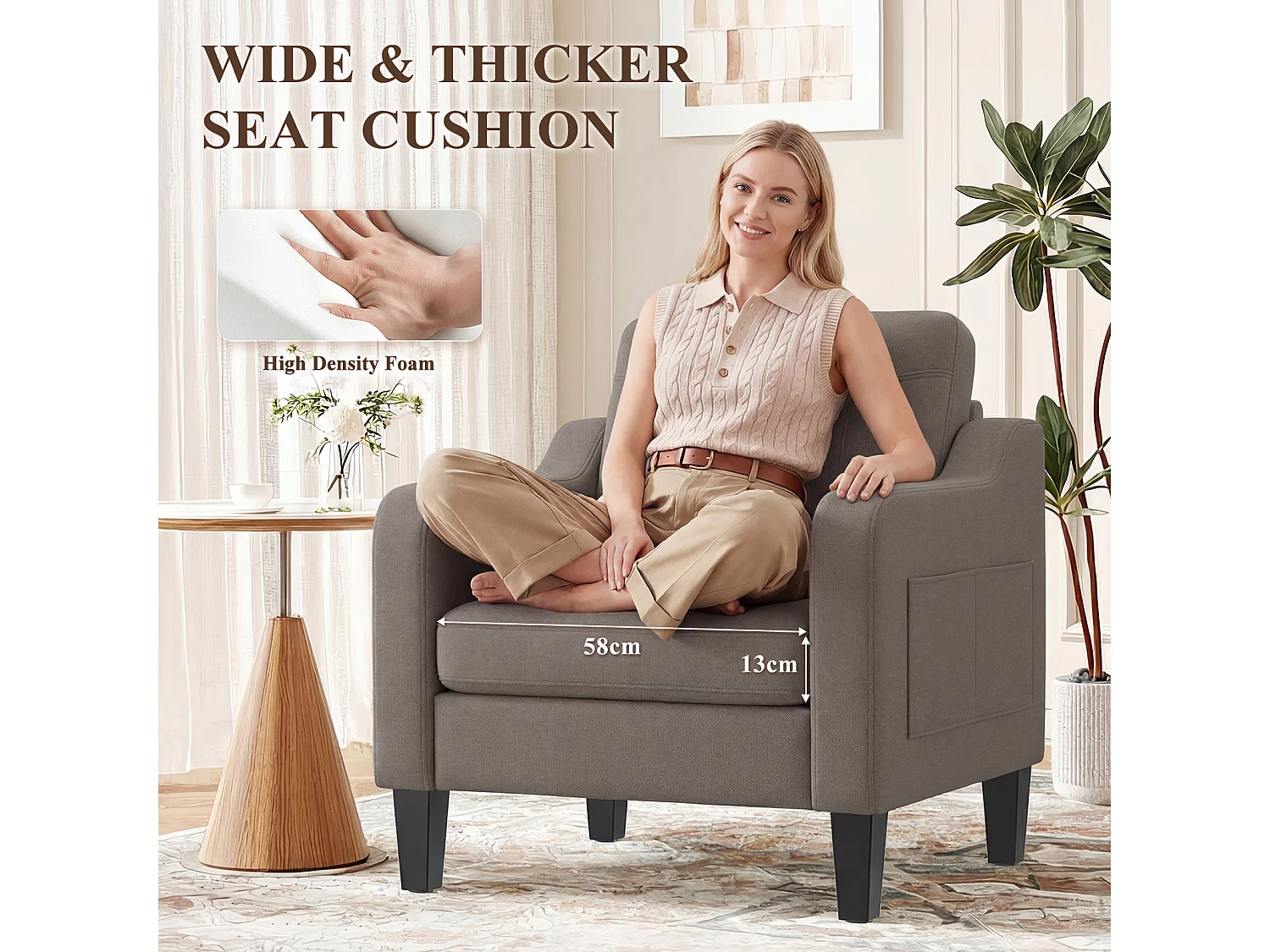 Fotel z tkaniny lnianej z rozkładanym stolikiem i boczną kieszenią, wypełnienie z pianki memory, lekki i łatwy do przenoszenia, brązowy