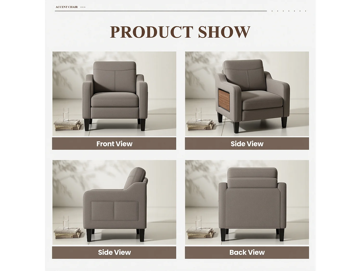 Fotel z tkaniny lnianej z rozkładanym stolikiem i boczną kieszenią, wypełnienie z pianki memory, lekki i łatwy do przenoszenia, brązowy