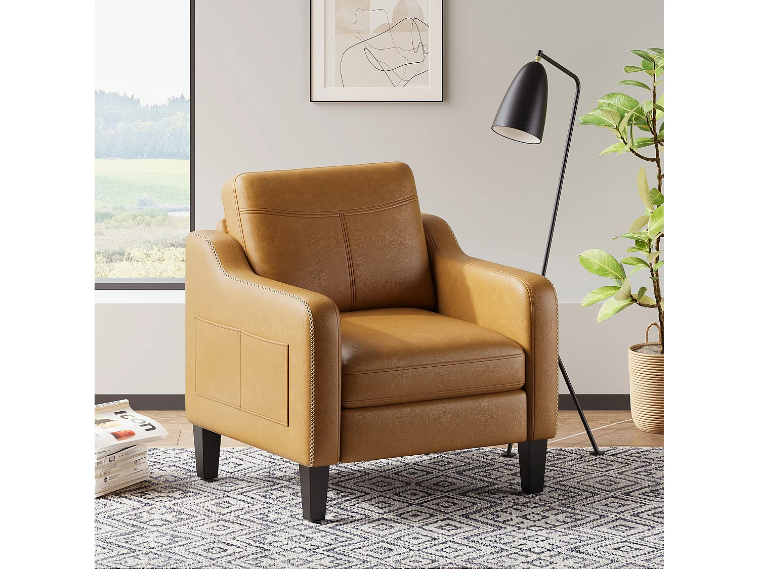 Nowoczesny fotel z PU w stylu mid-century z boczną kieszenią – ergonomiczny komfort do salonu i biura, żółto-brązowy