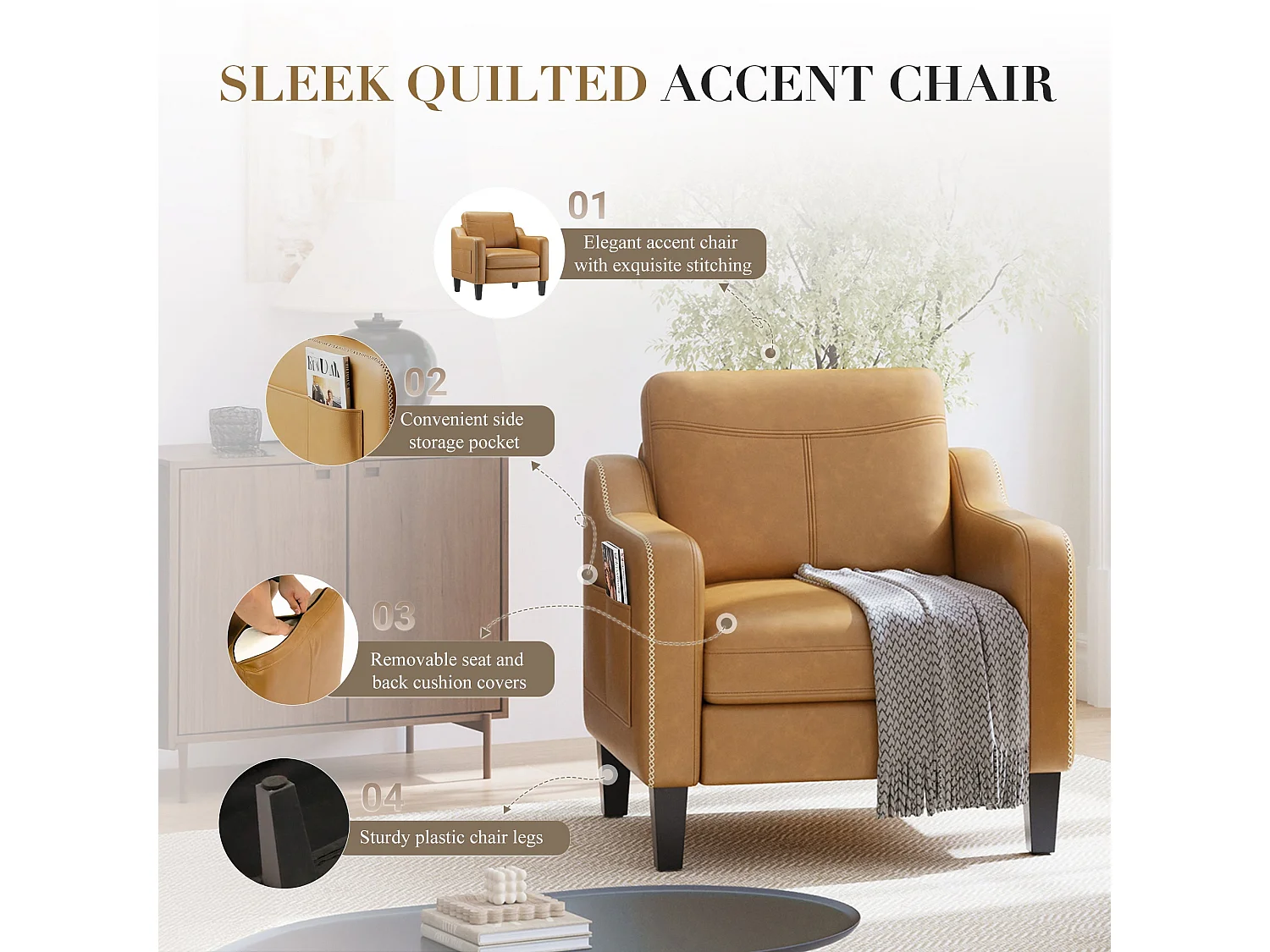 Nowoczesny fotel z PU w stylu mid-century z boczną kieszenią – ergonomiczny komfort do salonu i biura, żółto-brązowy