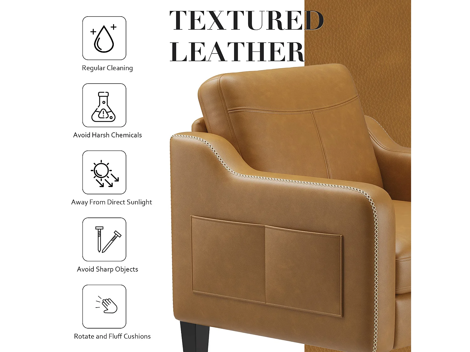 Nowoczesny fotel z PU w stylu mid-century z boczną kieszenią – ergonomiczny komfort do salonu i biura, żółto-brązowy