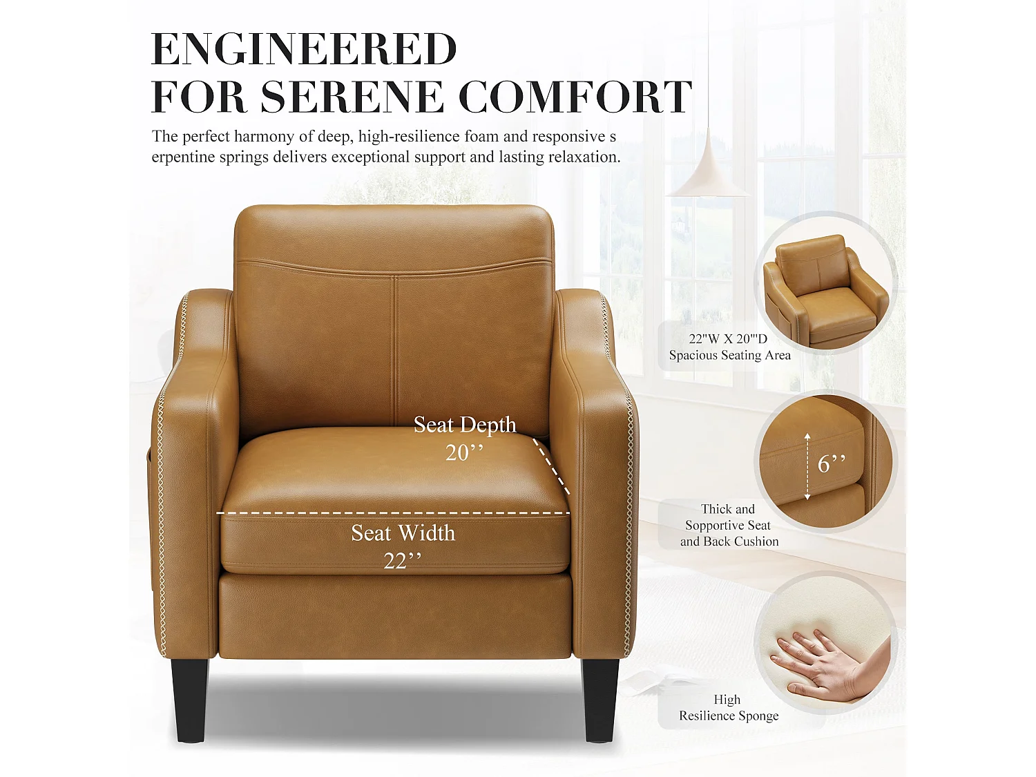 Nowoczesny fotel z PU w stylu mid-century z boczną kieszenią – ergonomiczny komfort do salonu i biura, żółto-brązowy