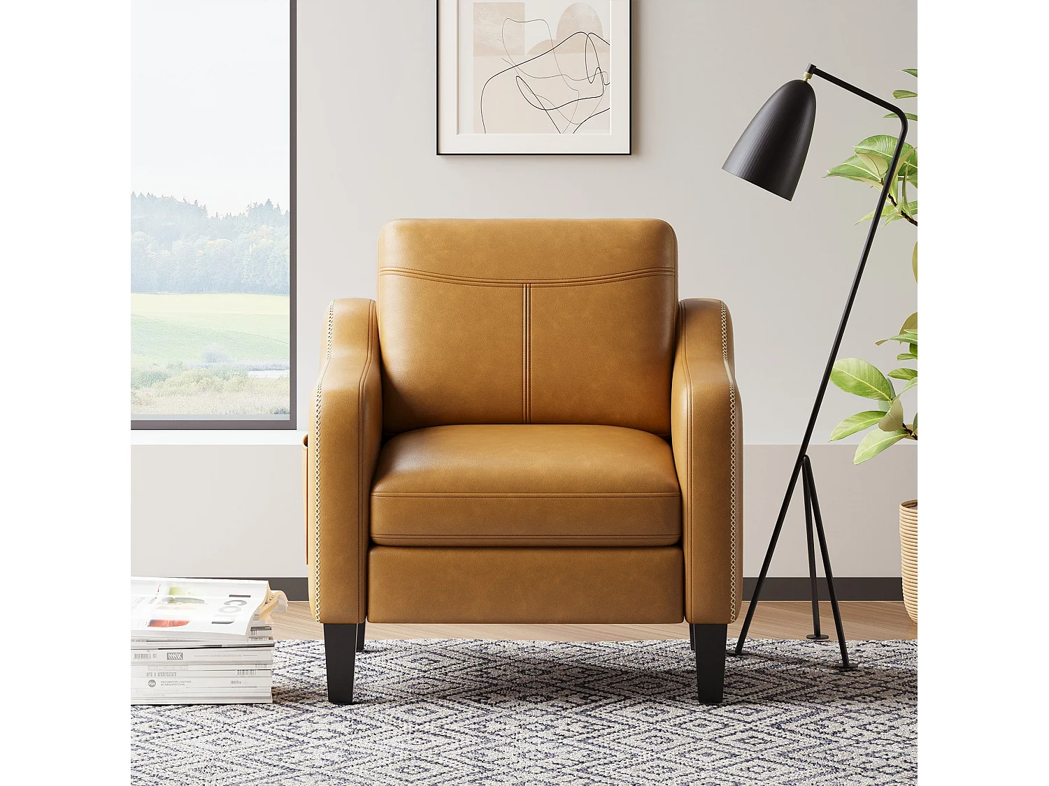 Nowoczesny fotel z PU w stylu mid-century z boczną kieszenią – ergonomiczny komfort do salonu i biura, żółto-brązowy