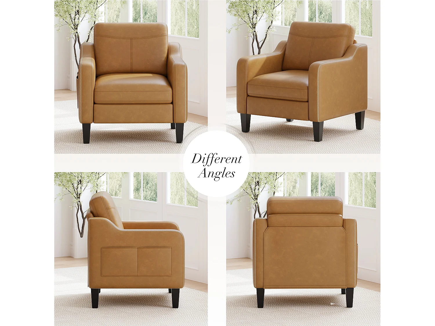 Nowoczesny fotel z PU w stylu mid-century z boczną kieszenią – ergonomiczny komfort do salonu i biura, żółto-brązowy