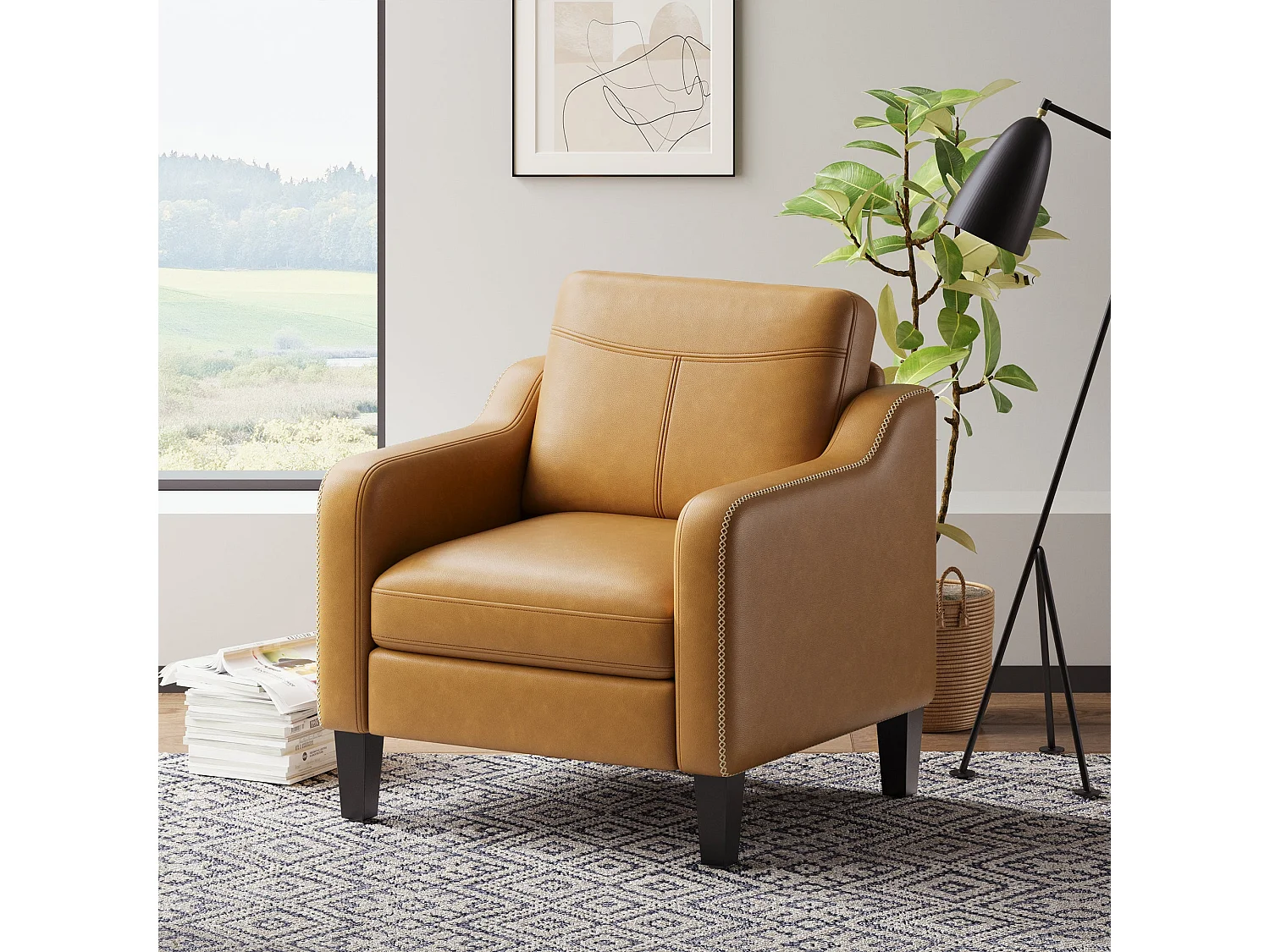 Nowoczesny fotel z PU w stylu mid-century z boczną kieszenią – ergonomiczny komfort do salonu i biura, żółto-brązowy