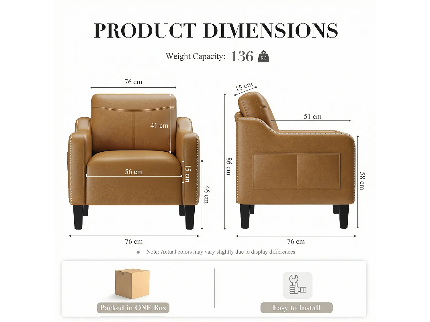 Fauteuil d’appoint moderne en PU style mid-century avec rangement latéral – confort ergonomique pour salon et bureau,jaune brun