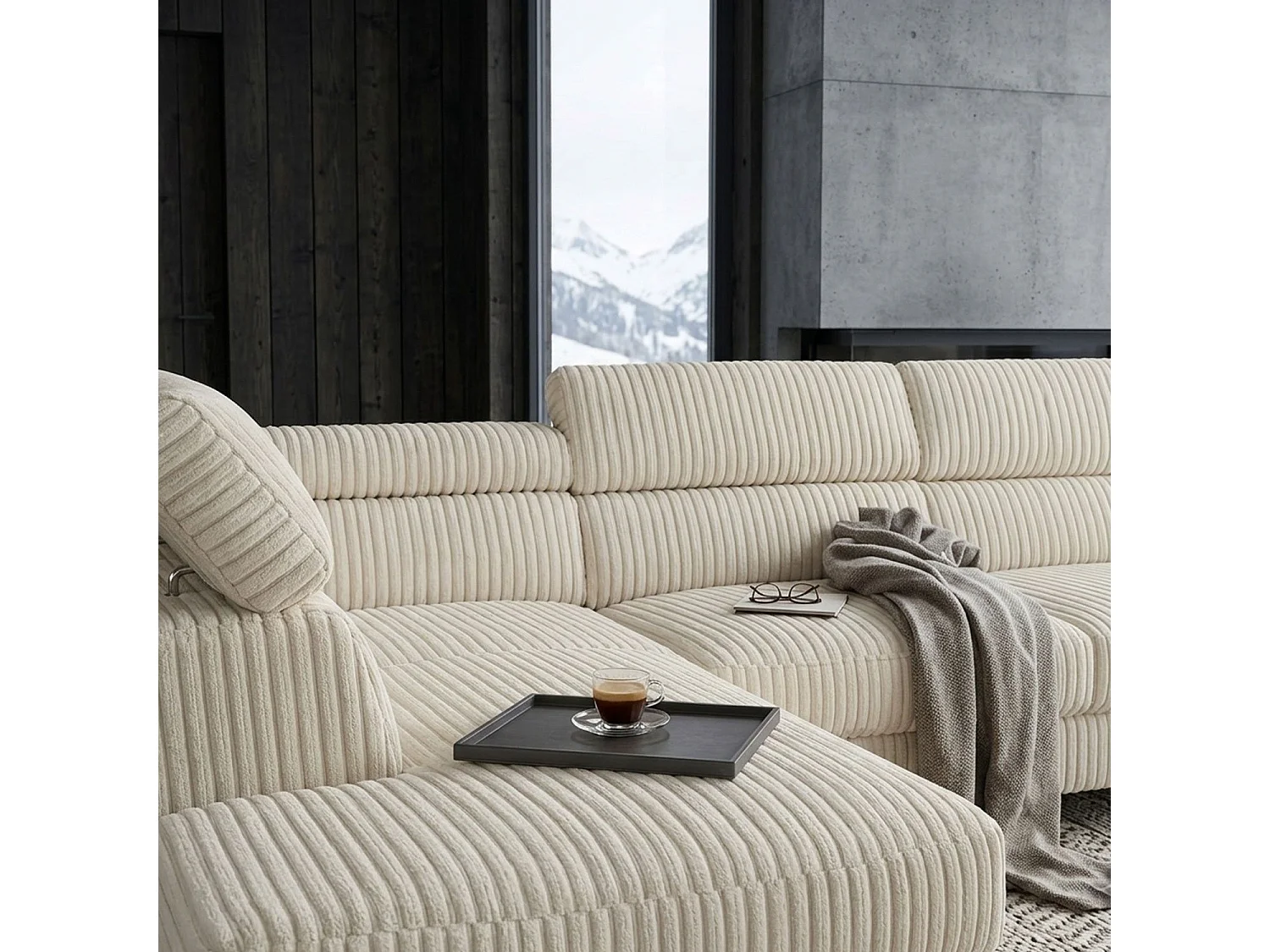 Canapé d'angle à gauche avec têtières relevables Quentin Velours côtelé Beige