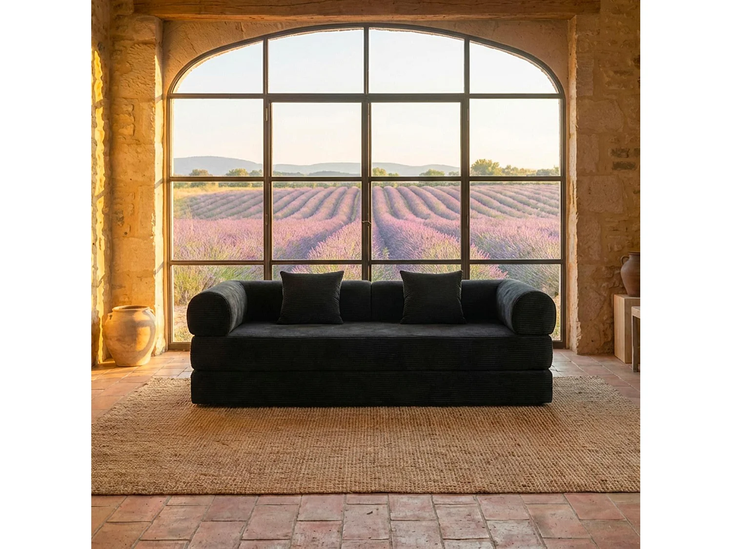 Canapé 3 places convertible et modulable Bergerac Velours côtelé Noir