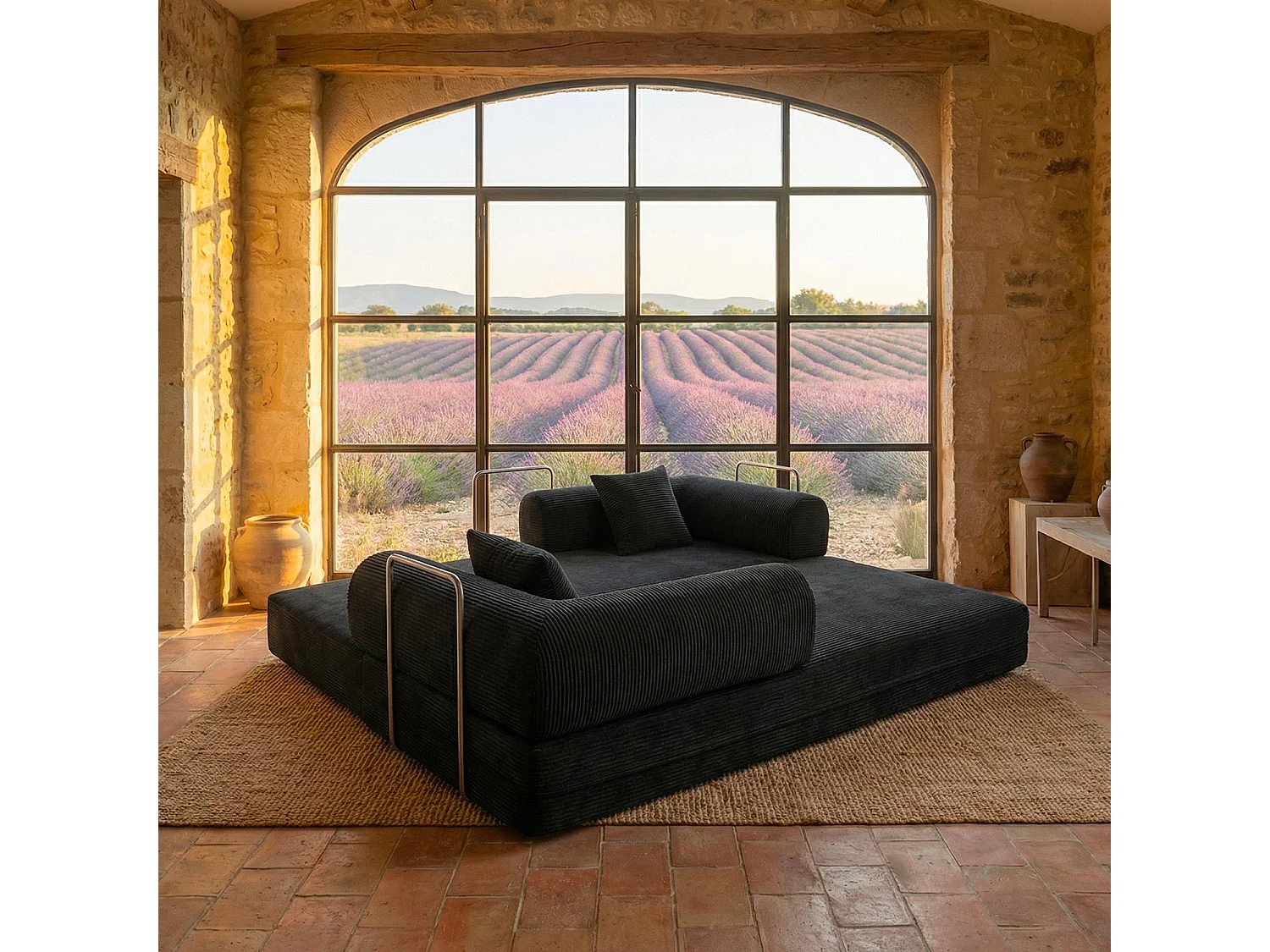 Canapé 3 places convertible et modulable Bergerac Velours côtelé Noir