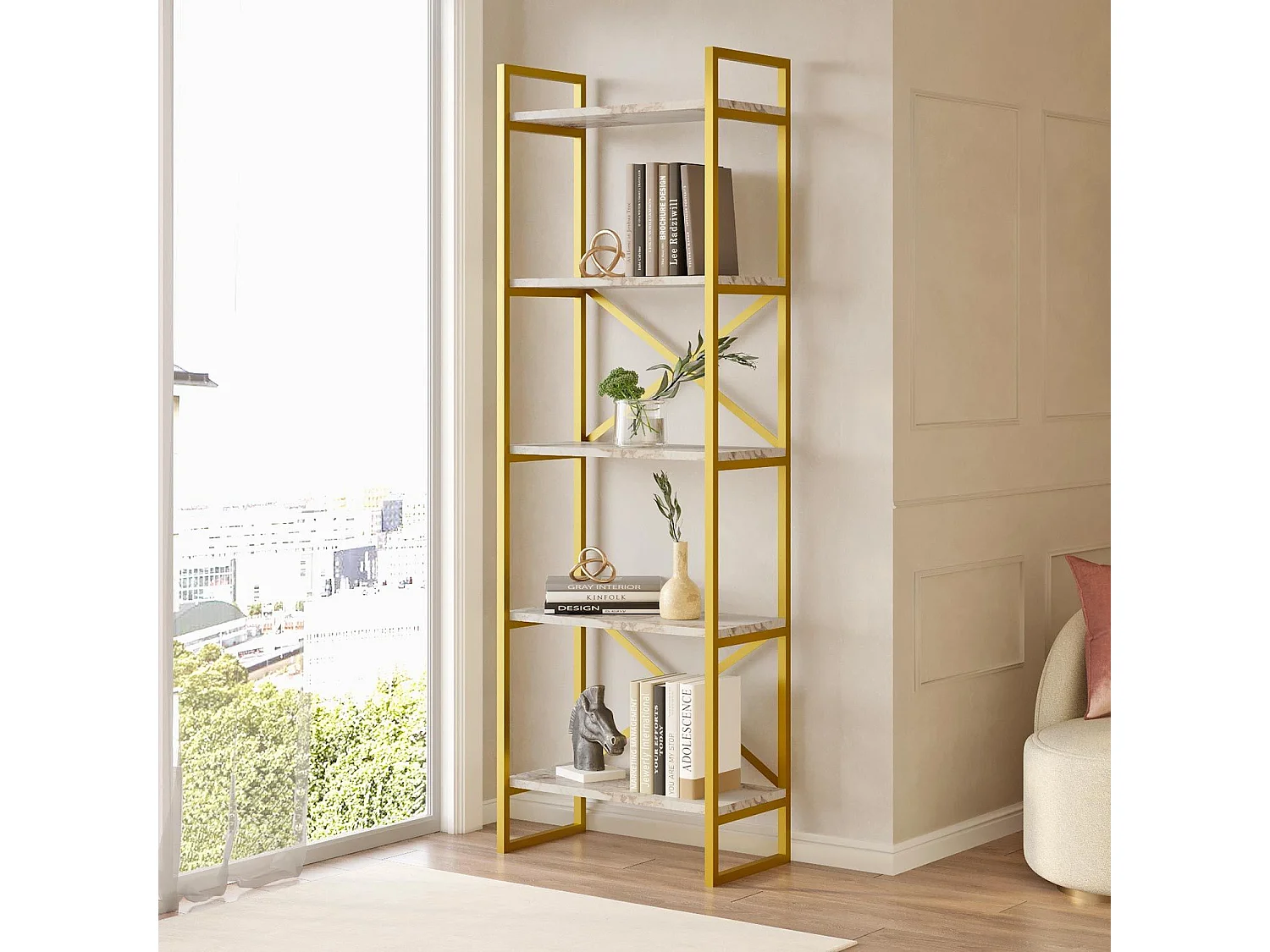 Étagère bibliothèque Opawa L58cm Métal Or et Bois Effet marbre Blanc
