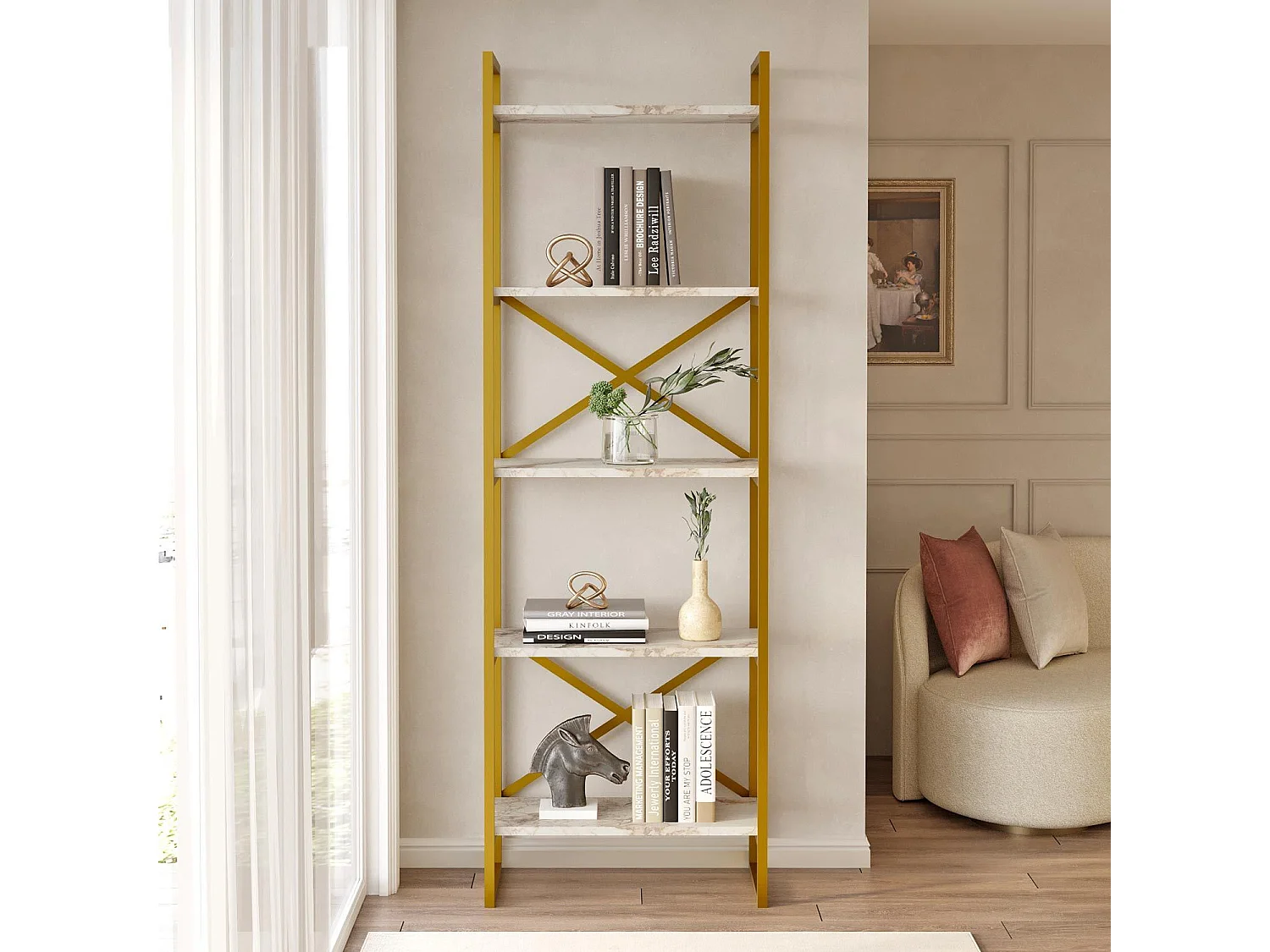 Étagère bibliothèque Opawa L58cm Métal Or et Bois Effet marbre Blanc