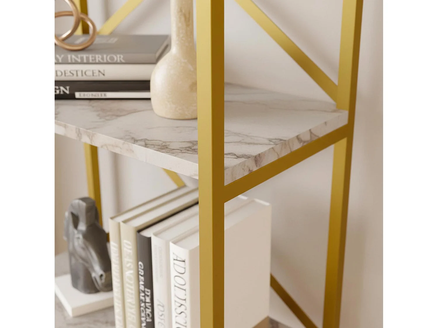 Étagère bibliothèque Opawa L58cm Métal Or et Bois Effet marbre Blanc