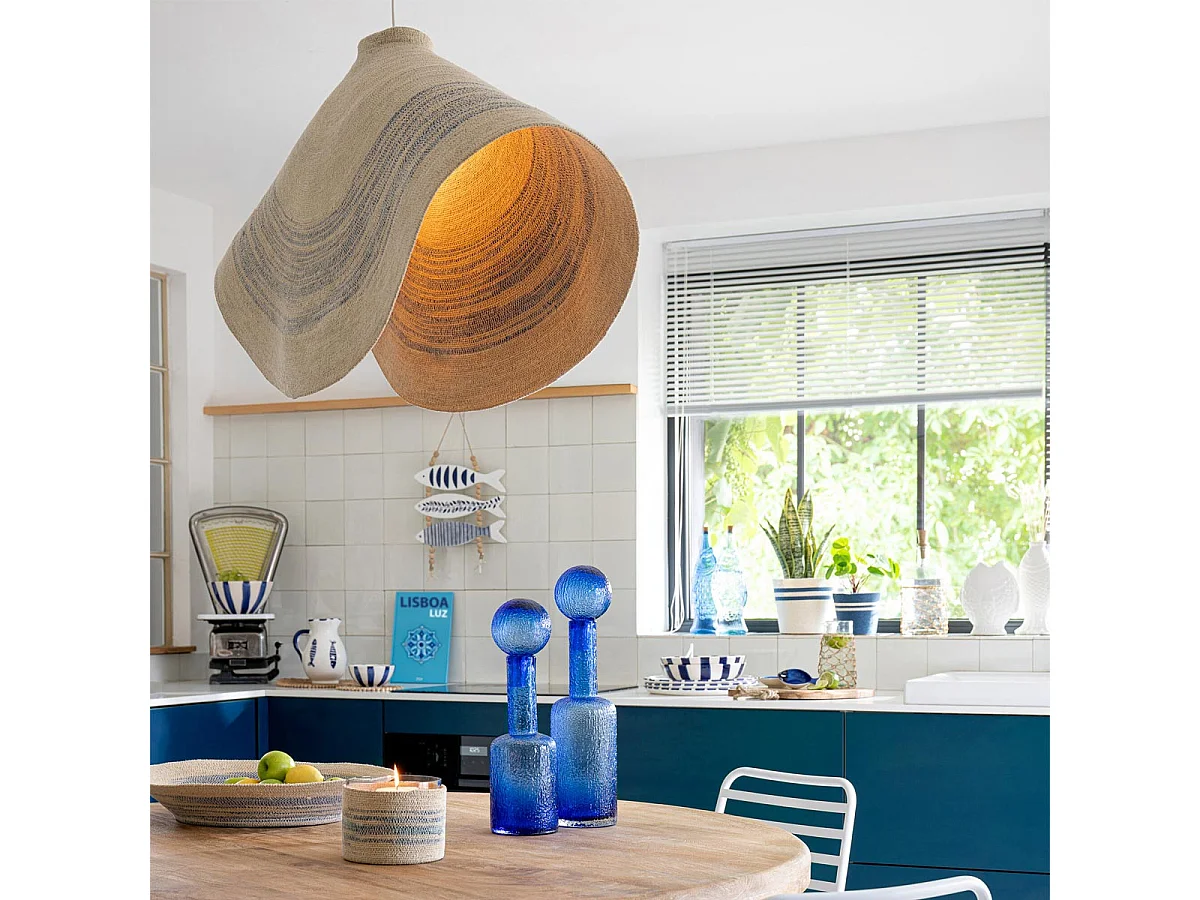 Suspension en Jonc de Mer "Galene" 100cm Naturel & Bleu