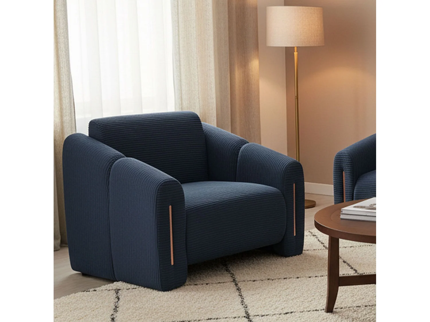 Fauteuil design Maximilien Métal doré et Velours côtelé Bleu foncé