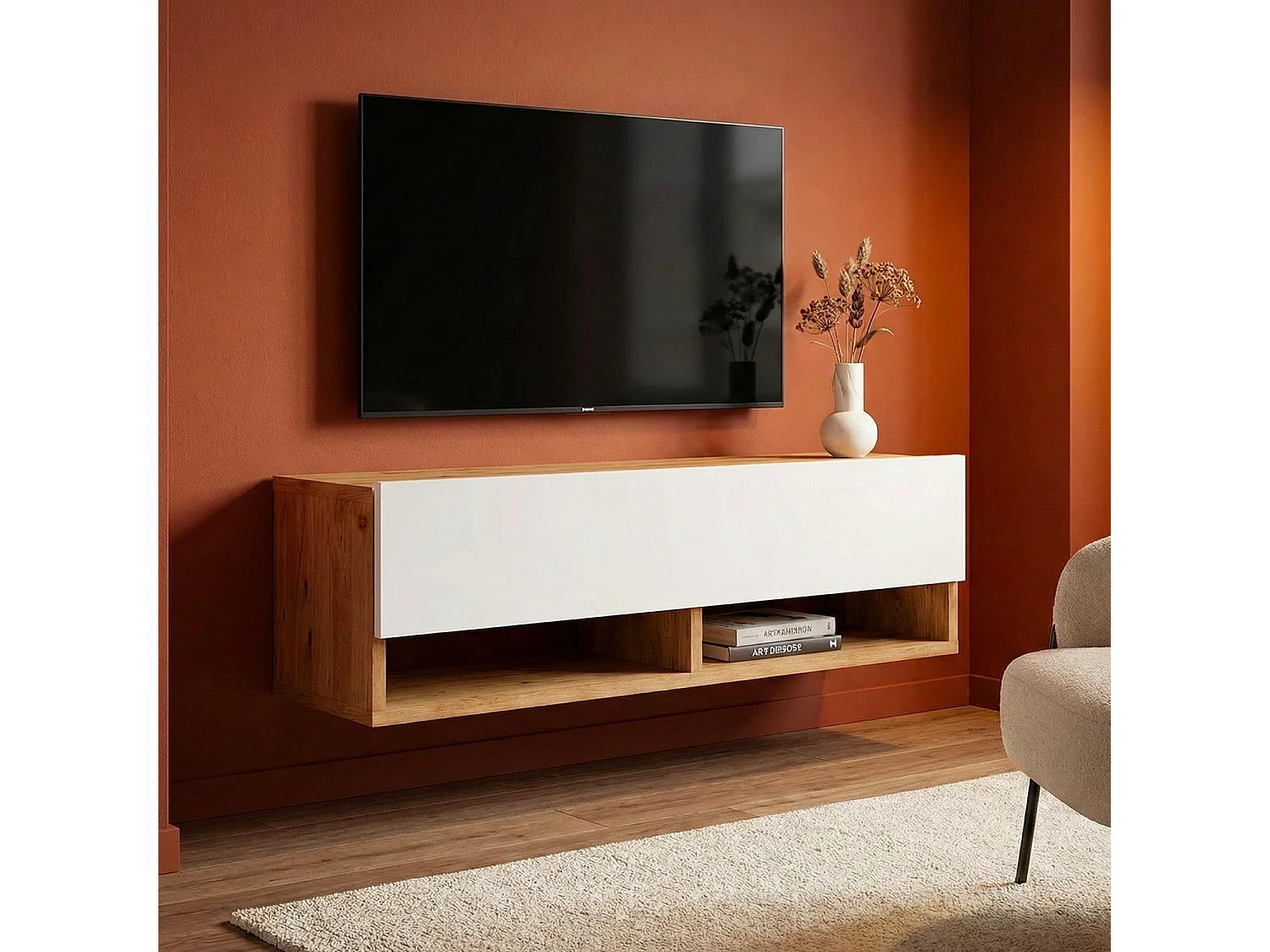 Meuble TV mural avec 1 porte basculante Pino L100cm Bois clair et Blanc