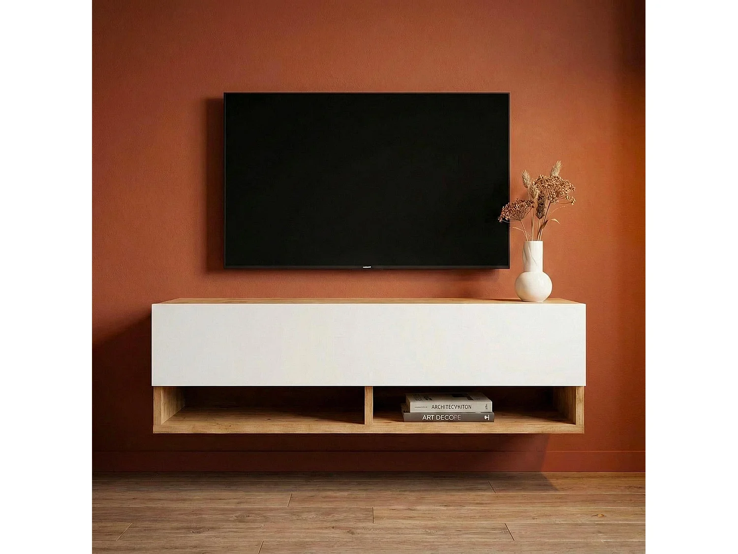 Meuble TV mural avec 1 porte basculante Pino L100cm Bois clair et Blanc