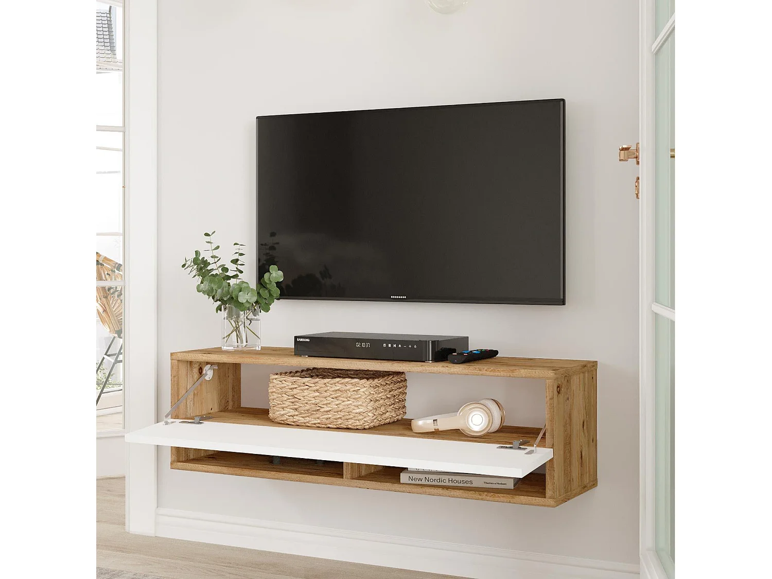 Meuble TV mural avec 1 porte basculante Pino L100cm Bois clair et Blanc