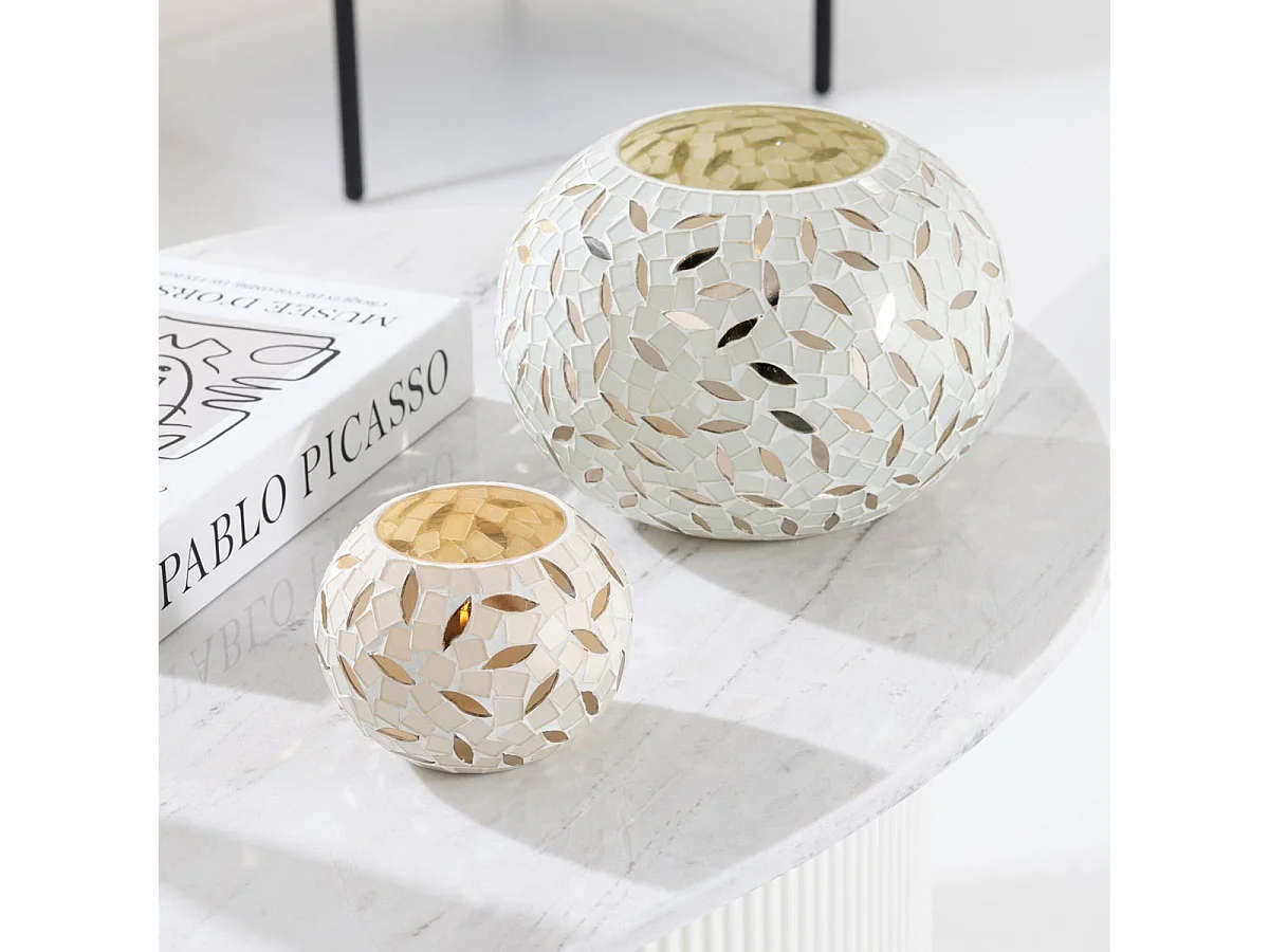 Photophore Mosaïque en Verre "Balle" 20cm Blanc Cassé