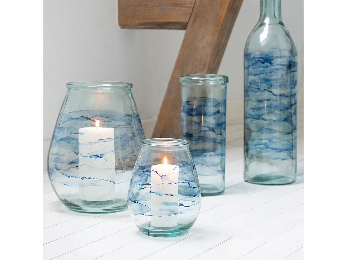 Photophore Design en Verre "Vague" 35cm Bleu