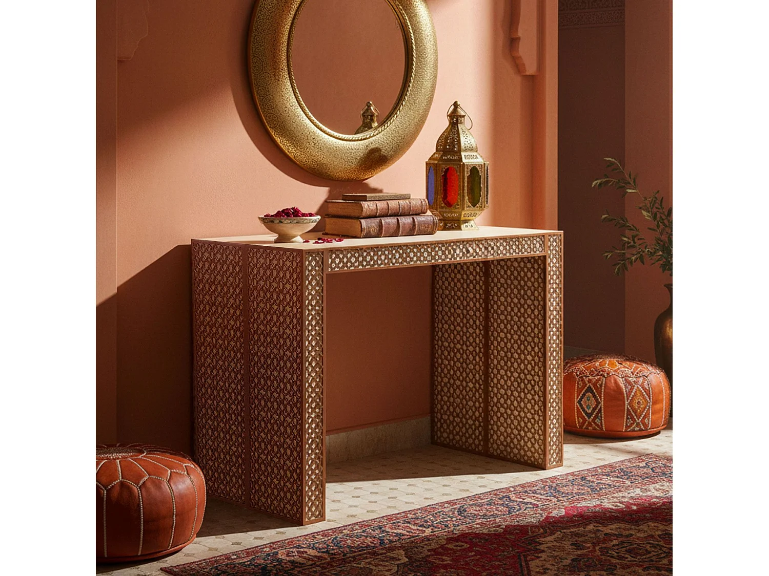 Console extensible L50-200cm Nassau Morocco design moucharabieh Beige et Bronze