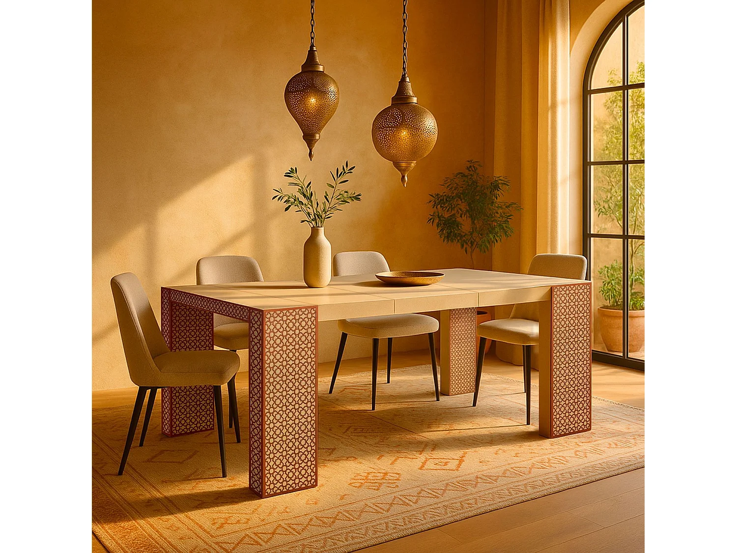 Console extensible L50-200cm Nassau Morocco design moucharabieh Beige et Bronze