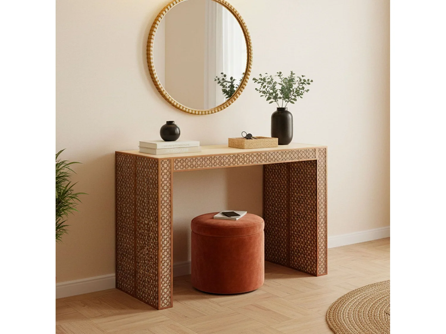 Console extensible L50-200cm Nassau Morocco design moucharabieh Beige et Bronze