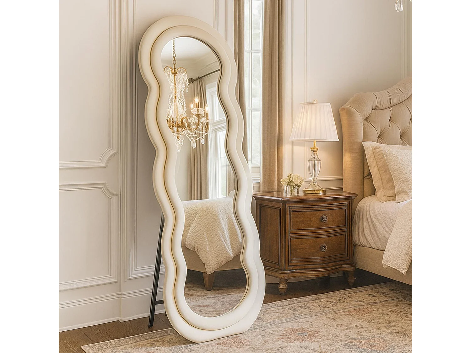Miroir en pied décoratif design ondulé Andromak 70x170cm Velours Crème