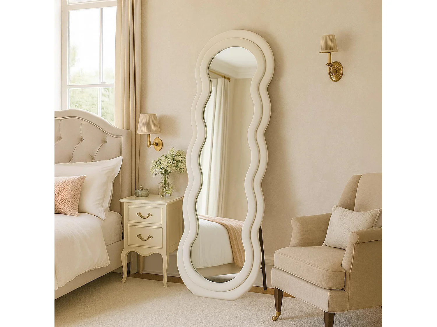 Miroir en pied décoratif design ondulé Andromak 70x170cm Velours Crème