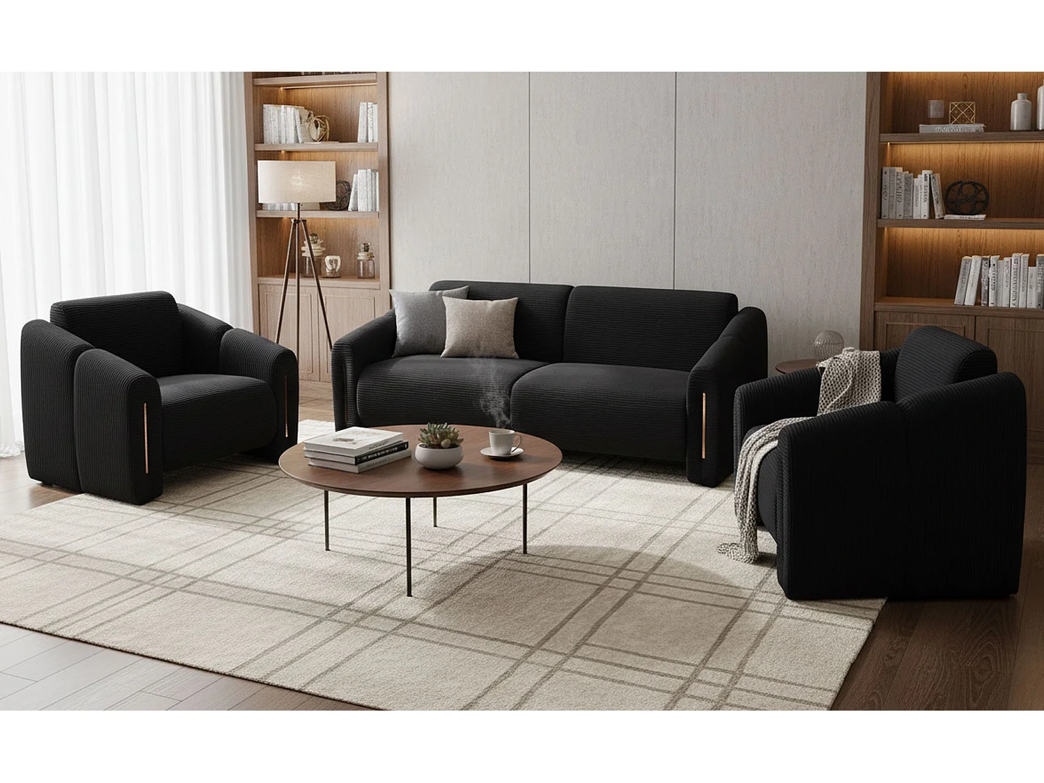 Fauteuil design Maximilien Métal doré et Velours côtelé Noir
