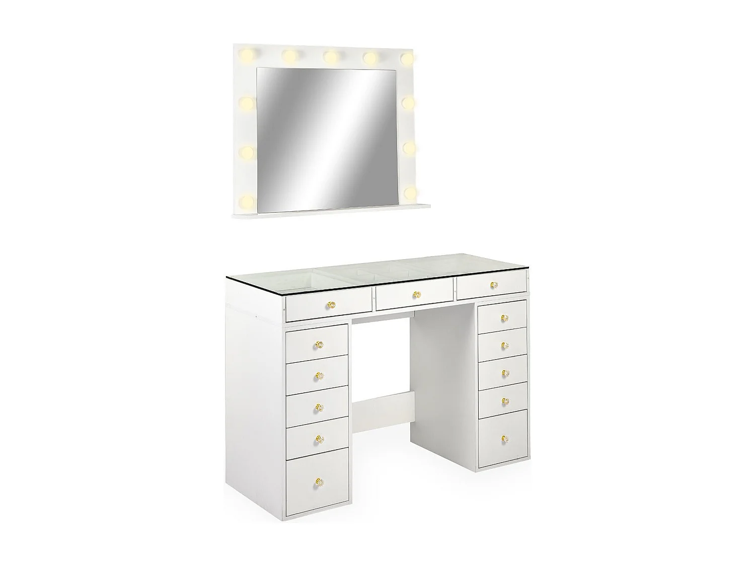 Coiffeuse moderne 13 tiroirs avec miroir lumineux et plateau en verre L120cm Probeauty Blanc