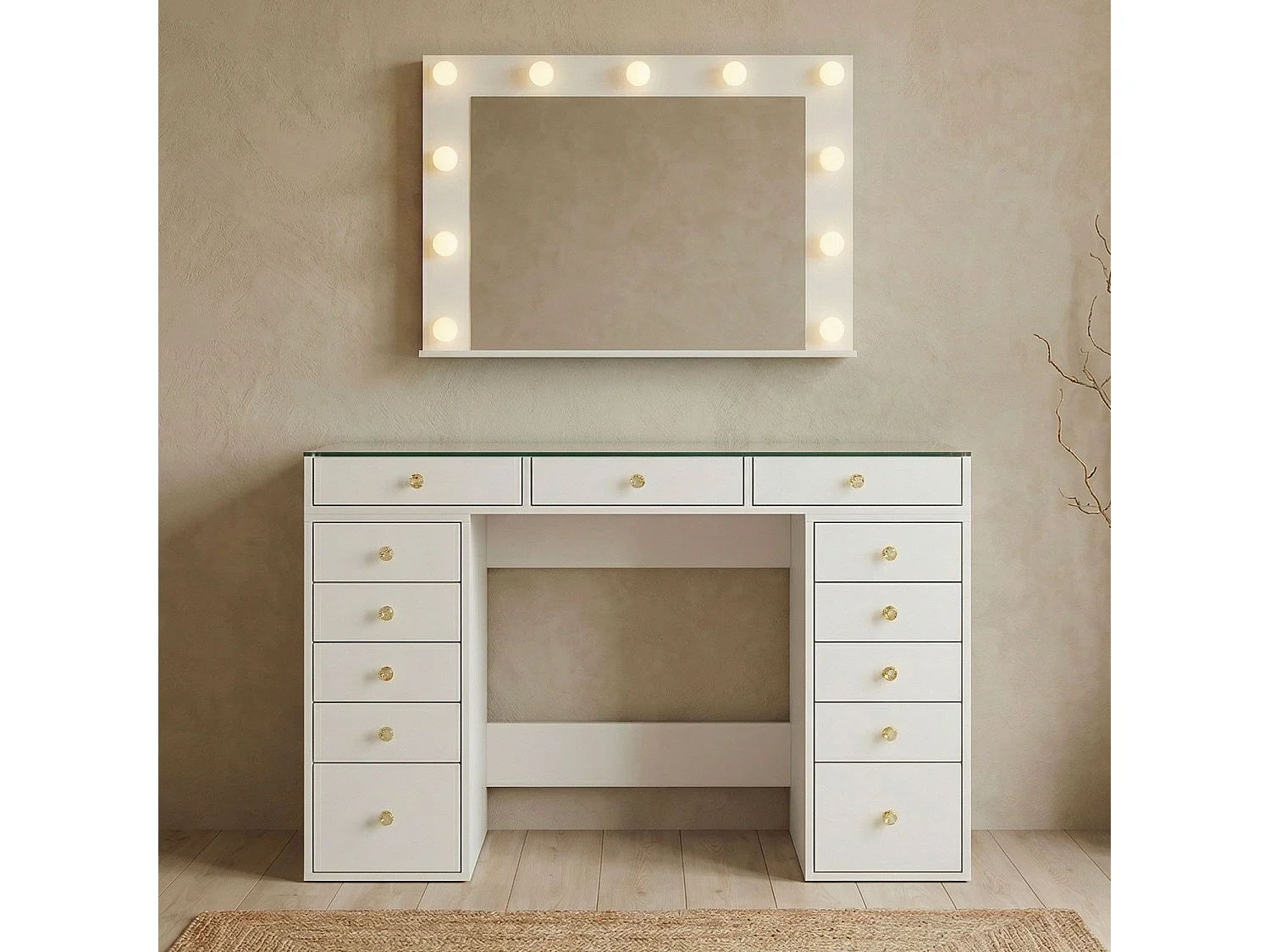 Coiffeuse moderne 13 tiroirs avec miroir lumineux et plateau en verre L120cm Probeauty Blanc