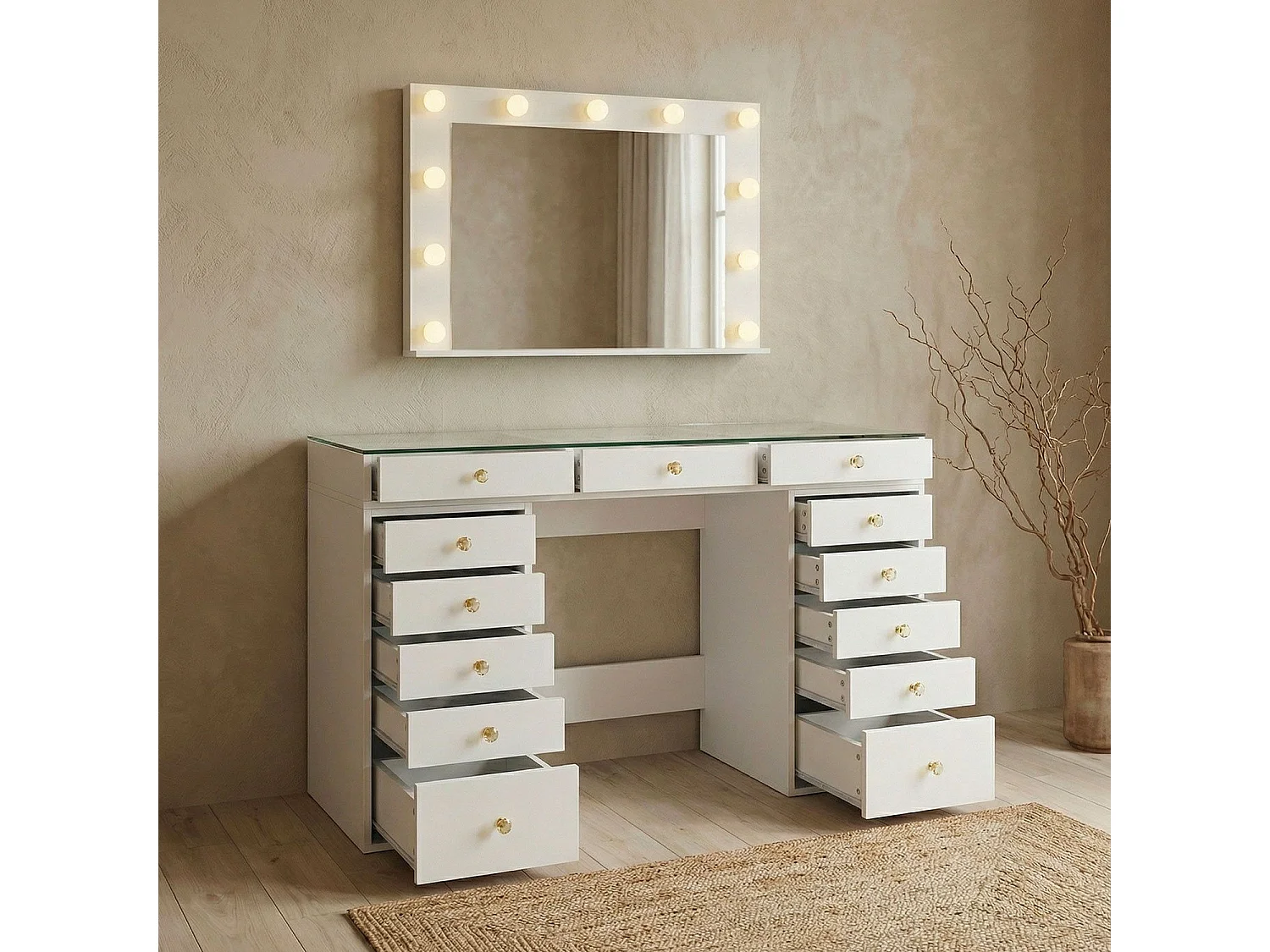 Coiffeuse moderne 13 tiroirs avec miroir lumineux et plateau en verre L120cm Probeauty Blanc