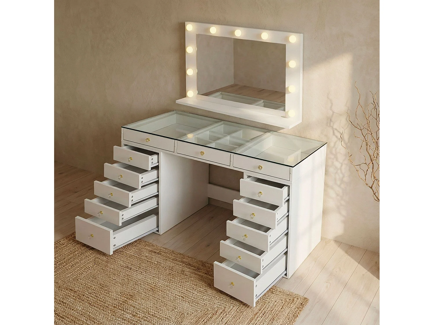 Coiffeuse moderne 13 tiroirs avec miroir lumineux et plateau en verre L120cm Probeauty Blanc