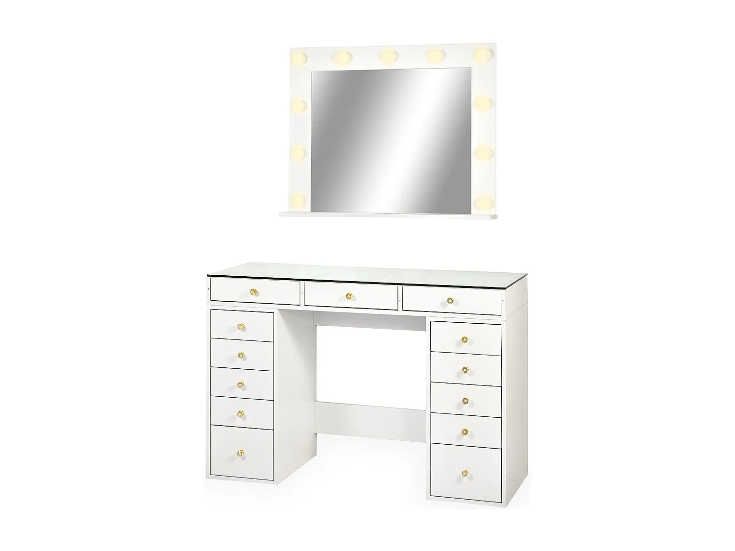 Coiffeuse moderne 13 tiroirs avec miroir lumineux et plateau en verre L120cm Probeauty Blanc