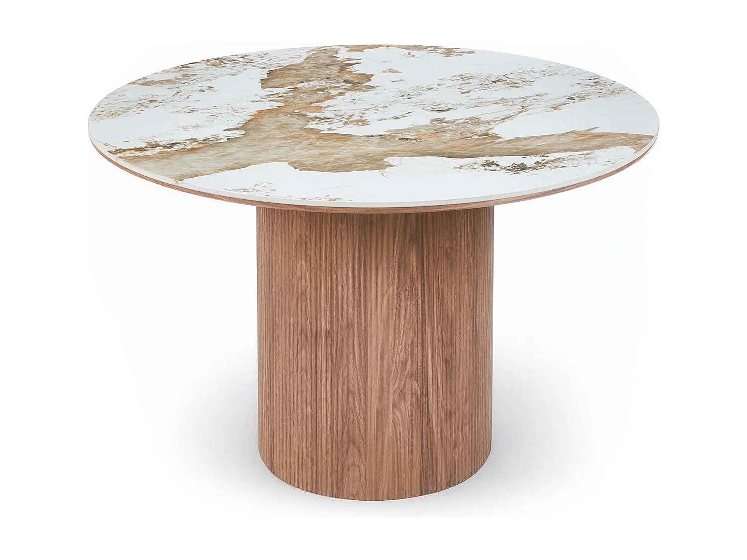 Table ronde moderne 120cm Églantine Céramique effet marbre blanc et pied colonne strié