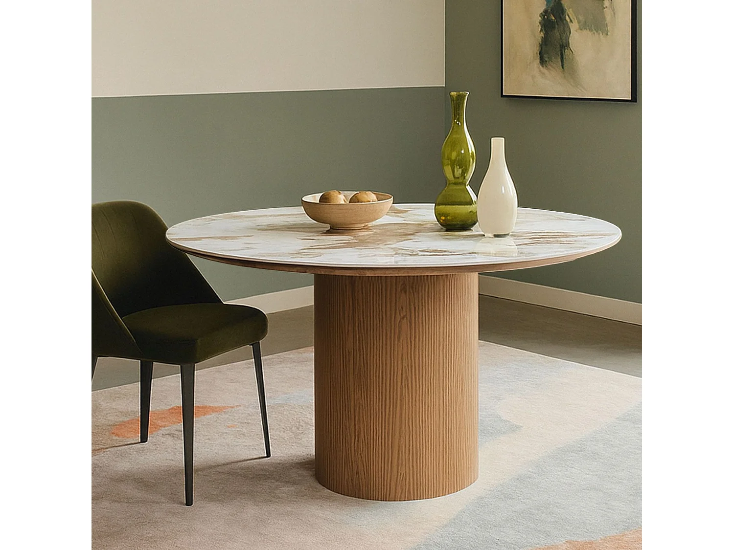 Table ronde moderne 120cm Églantine Céramique effet marbre blanc et pied colonne strié