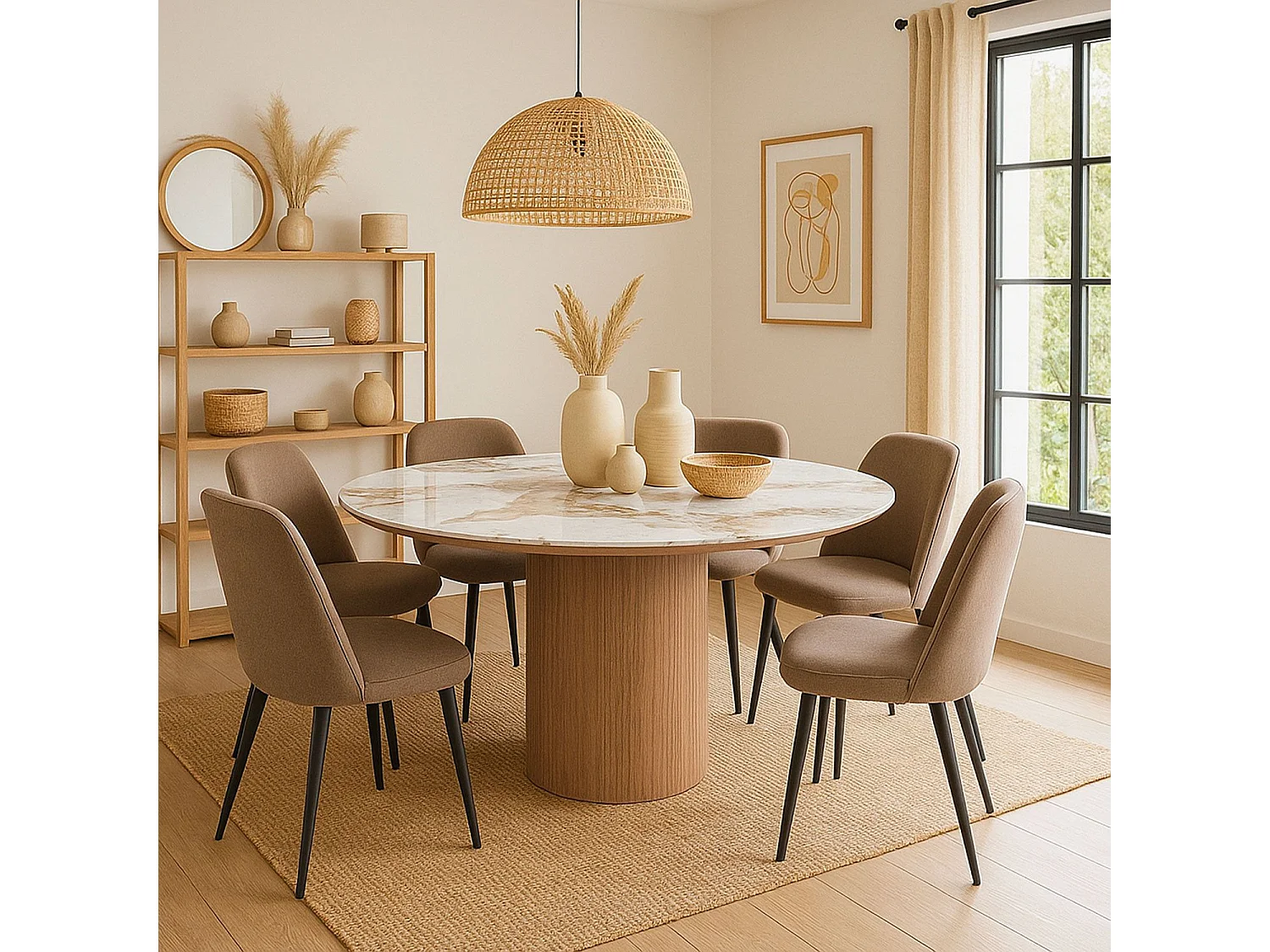 Table ronde moderne 120cm Églantine Céramique effet marbre blanc et pied colonne strié