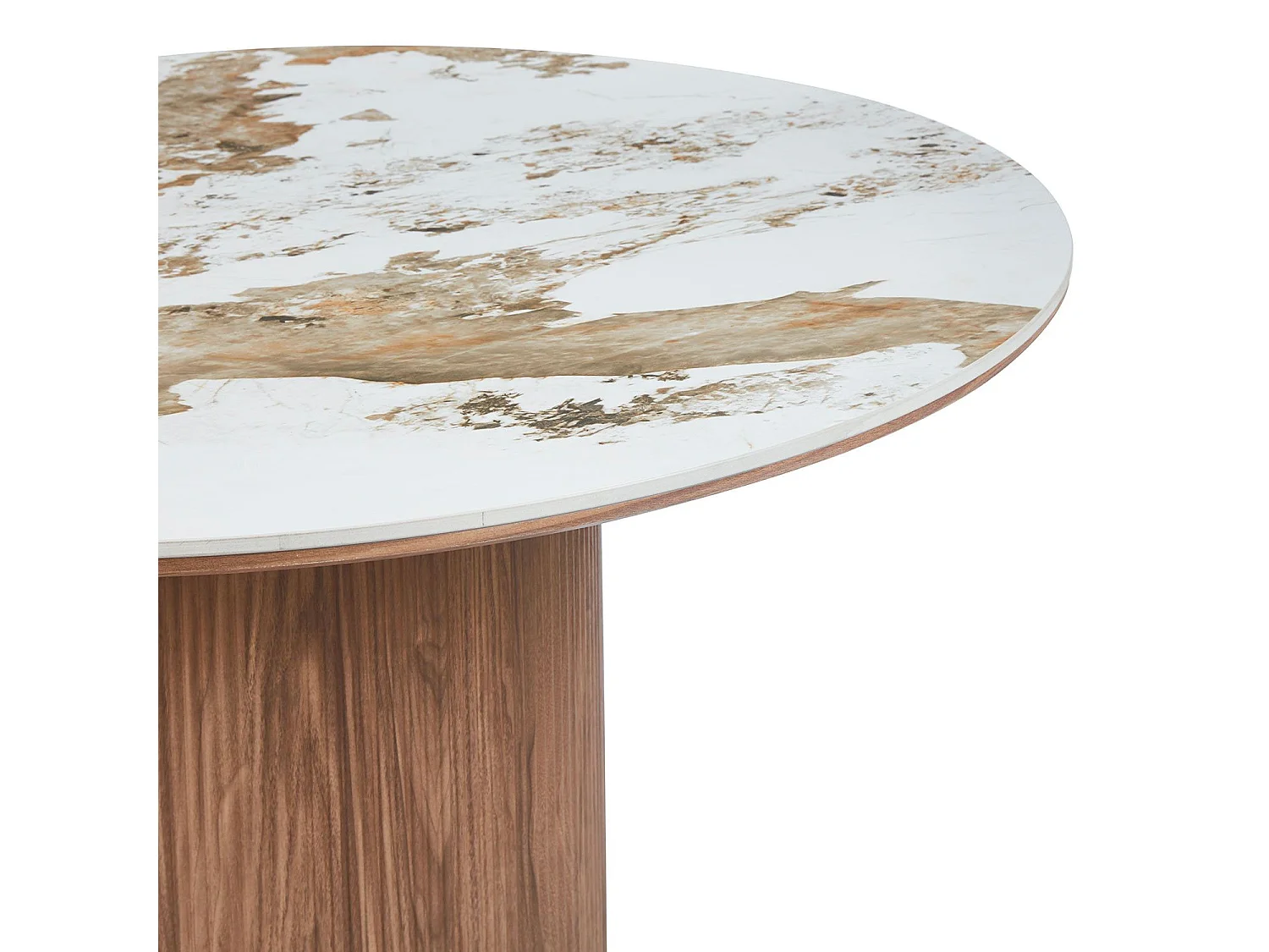 Table ronde moderne 120cm Églantine Céramique effet marbre blanc et pied colonne strié