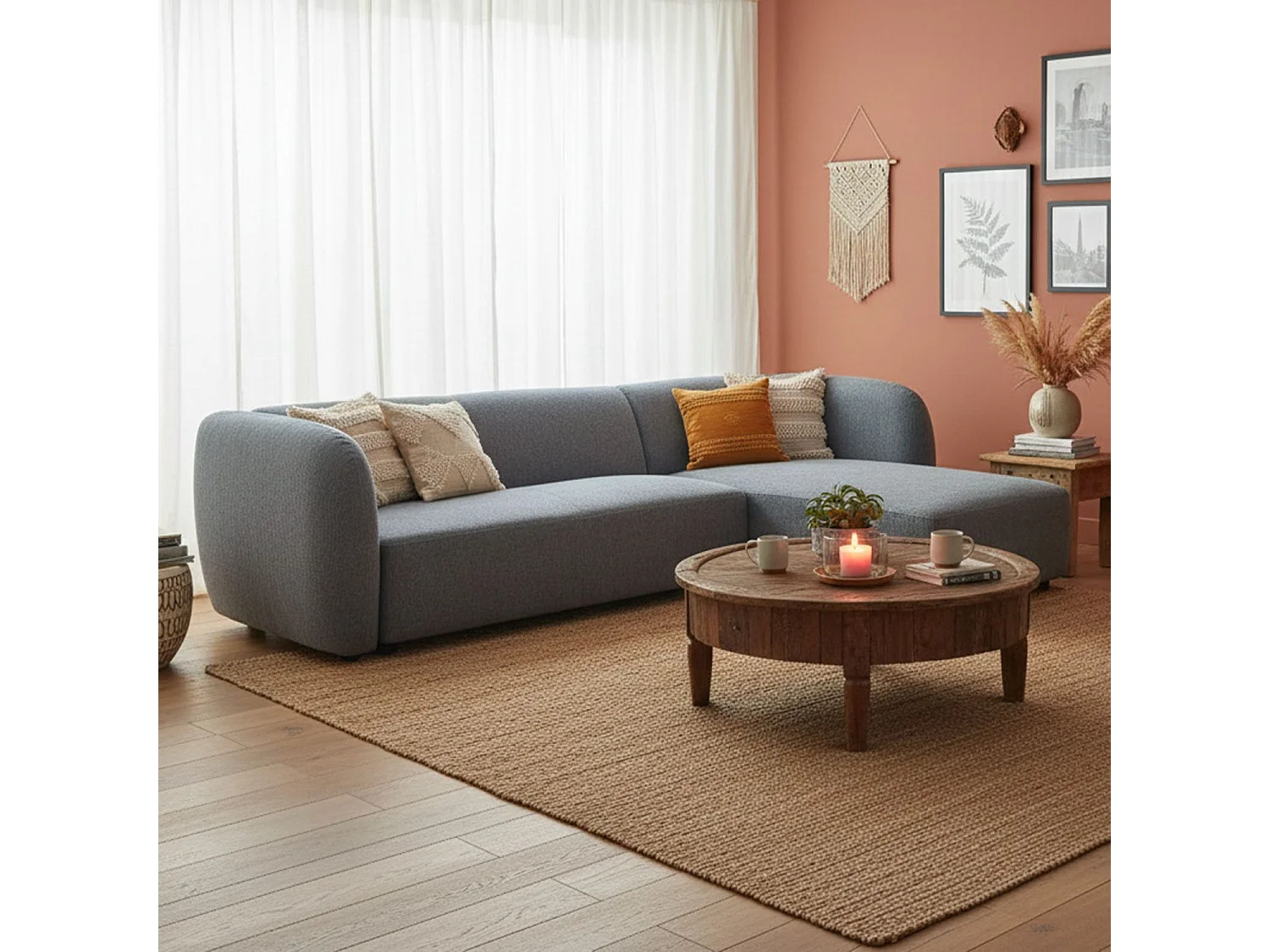 Canapé d'angle réversible moderne Larry Tissu bouclette Gris