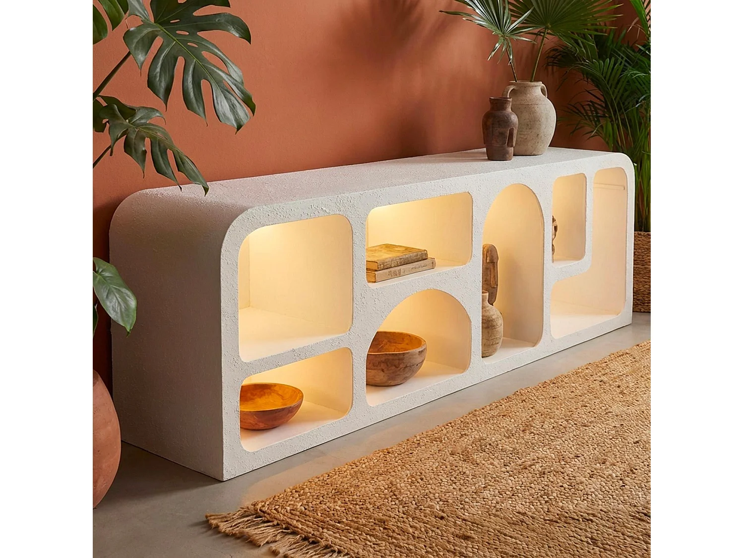Buffet bas L160cm design arches avec LED intégrées Navalor Blanc