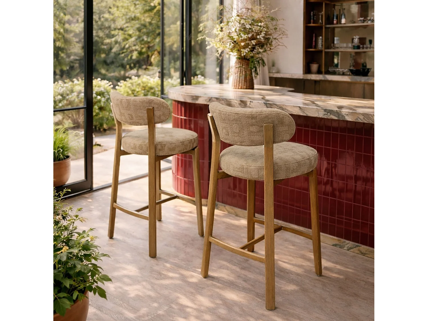 Now's Home - Lot 2 Chaises/ Bar Tissu Structure Beige En Metal Effet Bois 50x50x90suzie