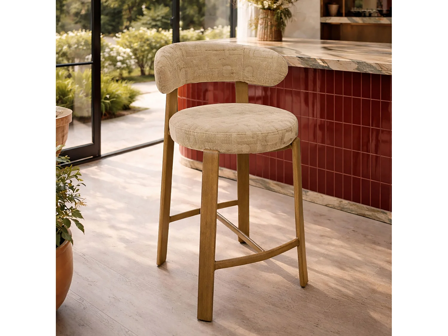 Now's Home - Lot 2 Chaises/ Bar Tissu Structure Beige En Metal Effet Bois 50x50x90suzie