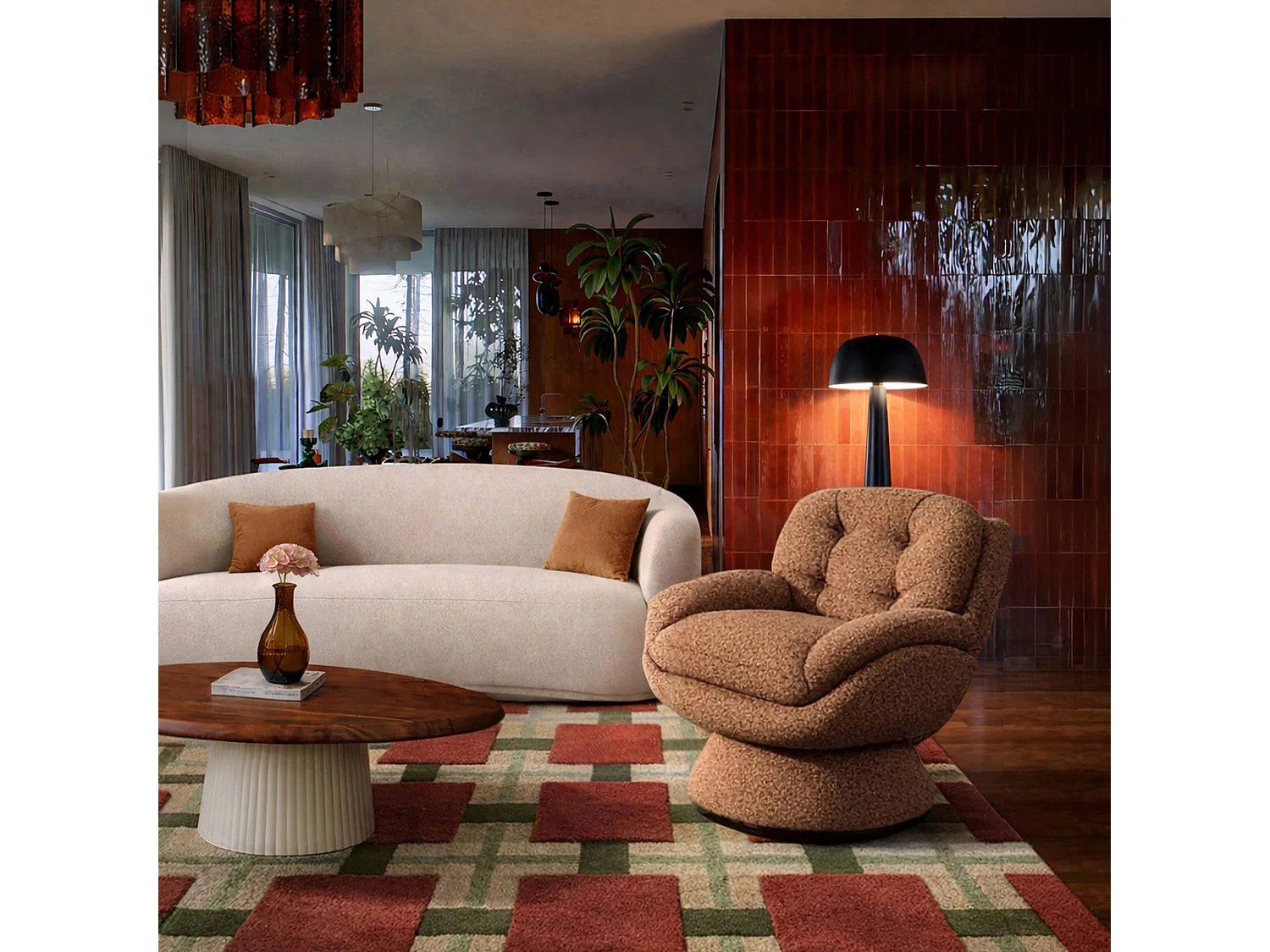 Now's Home - Fauteuil Pivotant En Tissu Chiné Brique 74x61x70cm Gustave
