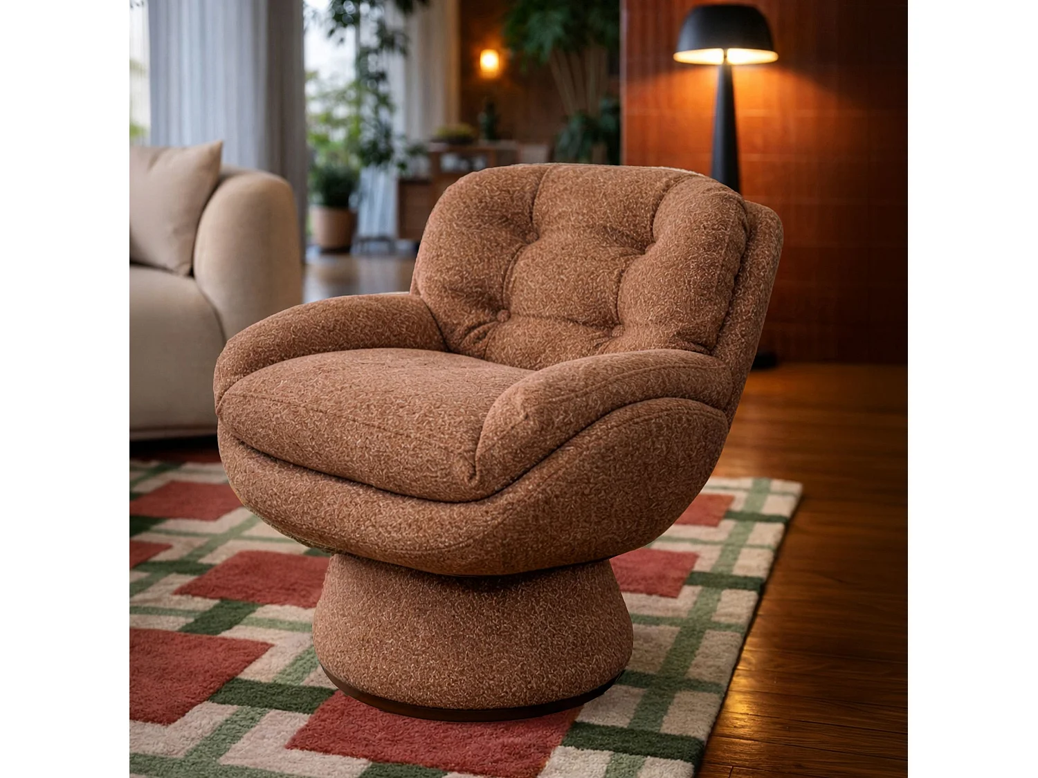Now's Home - Fauteuil Pivotant En Tissu Chiné Brique 74x61x70cm Gustave